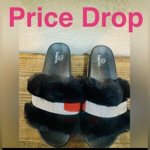 Black Fur Slide Sandals with Bling.
